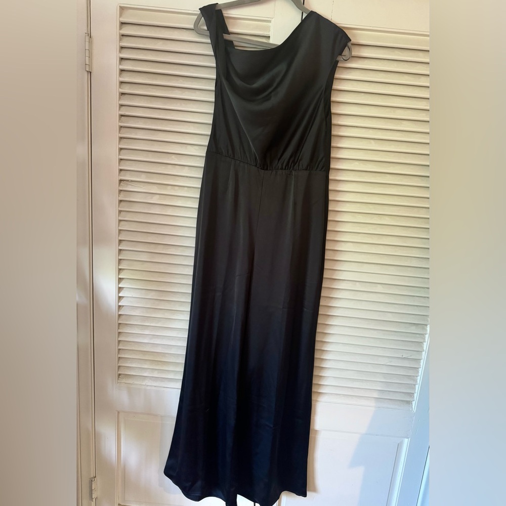 NWT WAYF BLACK POLY CHARMEUSE ASYMMETRICAL WIDE LEG JUMPSUIT SIZE LGE ORIG $125